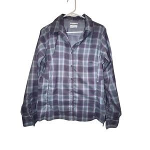 Columbia OmniShade Shirt Womens L purple grey  Plaid Vented Zip Pocket Outdoors